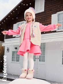 SHEIN 2pcs/Set Girls Casual Soft Hoodie Dress With Padded Baseball Collar Vest, Suitable For Outdoor, City Trip, Daily Wear And School, Autumn/Winter - Pink - View 10