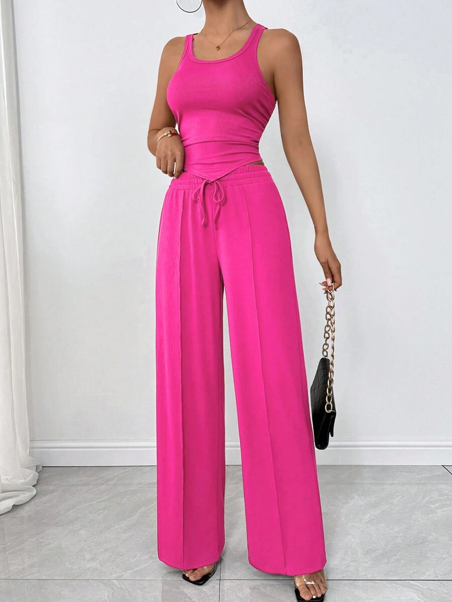 Zolique 2 件套女士夏季休闲日常装纯色背心上衣和长裤套装 - 玫紅色 - 查看 1