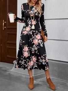 EMERY ROSE Women's Floral Print Round Neck Long Sleeve Elegant Mid-Length Dress, Autumn Dresses For Women