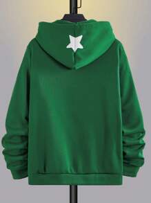 Manfinity Hypemode 男式字母与星星图案宽松抽绳拉链连帽衫 - 墨綠色 - 查看 2
