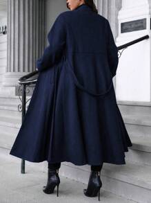 SHEIN LUNE Plus Size Women Elegant Solid Color Big Lapel Button Belted Long Overcoat For Autumn/Winter