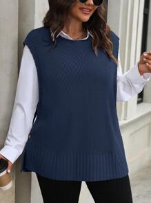 SHEIN LUNE Plus Size Jednokolorowy swobodny sweter-kamizelka, jesień/zima - Brudny niebieski - Zobacz 7