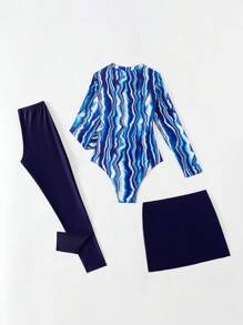 Swim Mulvari 3 件套简约风格女式拉链波浪图案泳衣，包括 1 件连体泳衣、1 件蓝色下装和 1 件金属环连接裙子夏季 - 彩色 - 查看 4