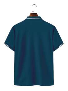 Manfinity Homme Men's Striped Short Sleeve Casual Commuting Polo Shirt, Men Clothes Men Polo Shirts - Cadet Blue - View 2