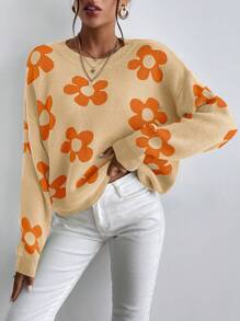 Chiquease 花卉印花圆领休闲百搭长袖套头毛衣 - 彩色 - 查看 1