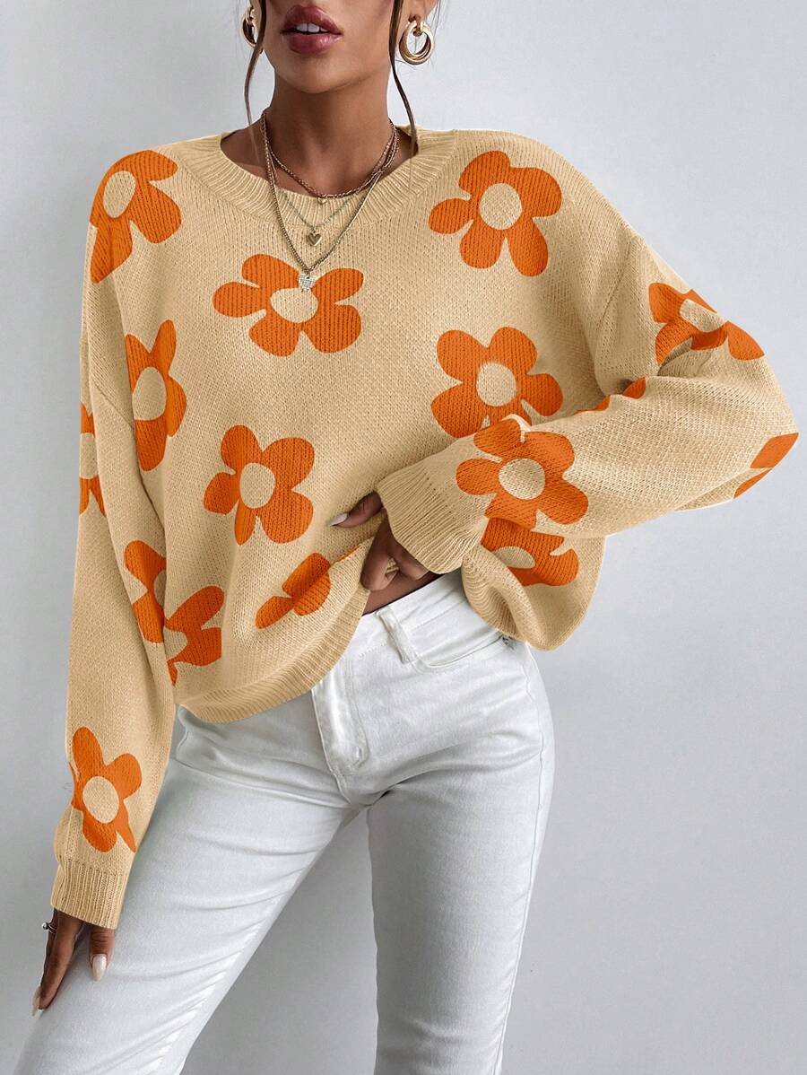 Chiquease 花卉印花圆领休闲百搭长袖套头毛衣 - 彩色 - 查看 1