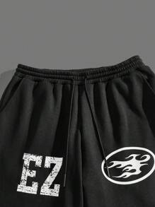 Manfinity VCAY Men Letter & Flame Print Drawstring Waist Loose Fit Knit Sweatpants Going Out Baggy Black Sweatpants, For Husband, Boyfriend Gifts