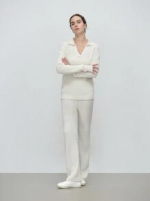 SHEIN LUNE 2 pezzi Set di blusa a maniche lunghe e pantaloni lunghi di colore unito per donna, casual in lana, stile minimalista - Albicocca - Visualizzare 1