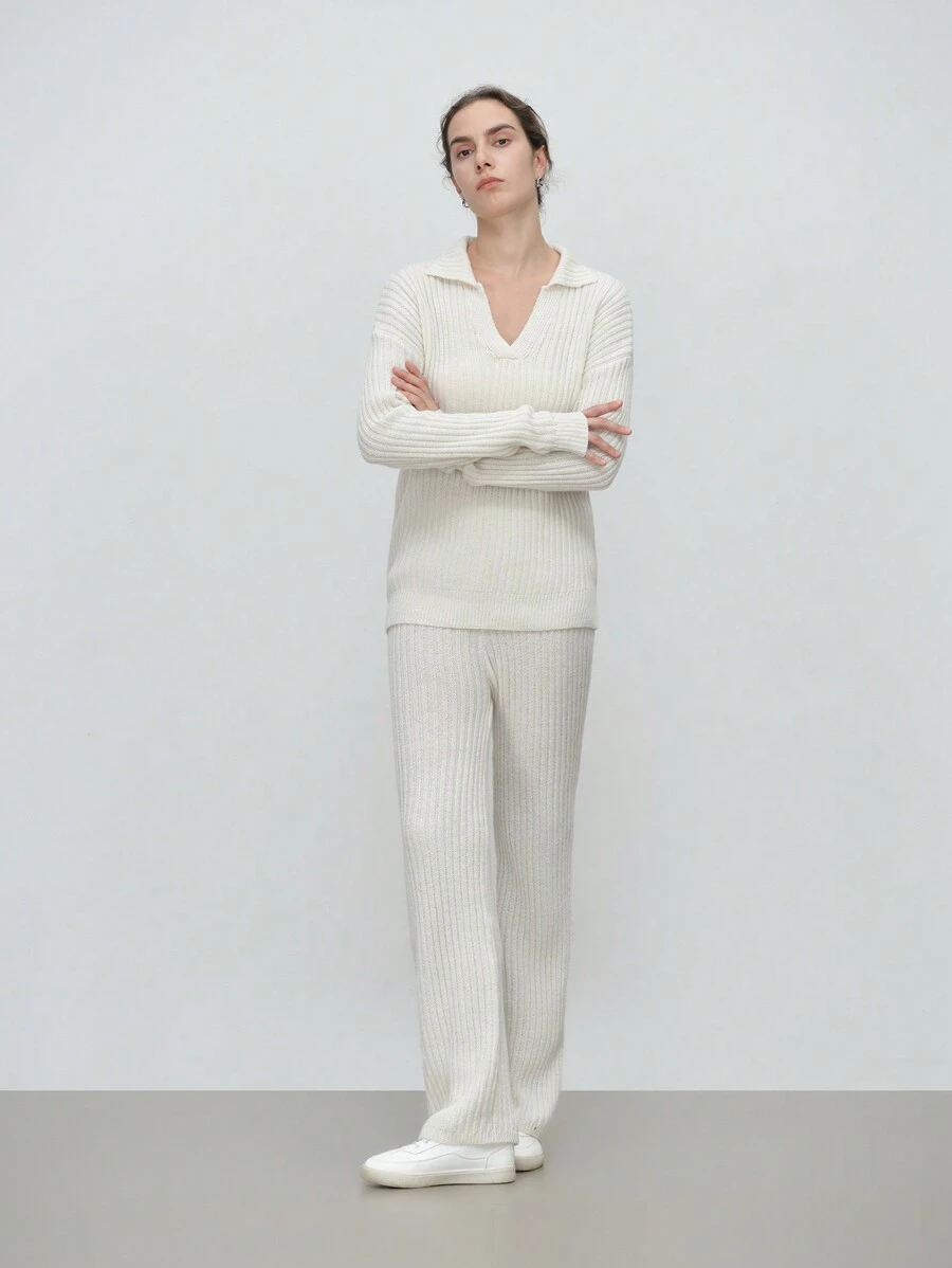 SHEIN LUNE 2 pezzi Set di blusa a maniche lunghe e pantaloni lunghi di colore unito per donna, casual in lana, stile minimalista - Albicocca - Visualizzare 1