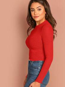 SHEIN Essnce 女式休闲纯色罗纹立领生菜边短款长袖 T 恤，秋季 - 紅色 - 查看 3