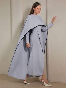 Modelyn Women's Solid Color Round Neck Poncho Splicing Slit Hem Elegant Dress Long Evening Dresses