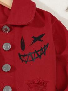 男婴笑脸印花柔软洗水做旧拼布牛仔装，街头风格 - 彩色 - 查看 4