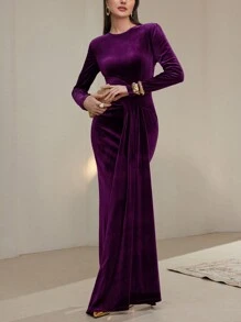 Modelyn 1pc Women's Solid Color Round Neck Long Sleeve Splice Ribbon Fitted Elegant Dress Long Evening Dresses - Purple - View 8