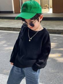 Kids/Young Boys Fluorescent Letter Print Round Neck Pullover Solid Color Warm Knitted Sweater - Black - View 3