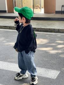 Kids/Young Boys Fluorescent Letter Print Round Neck Pullover Solid Color Warm Knitted Sweater - Black - View 8