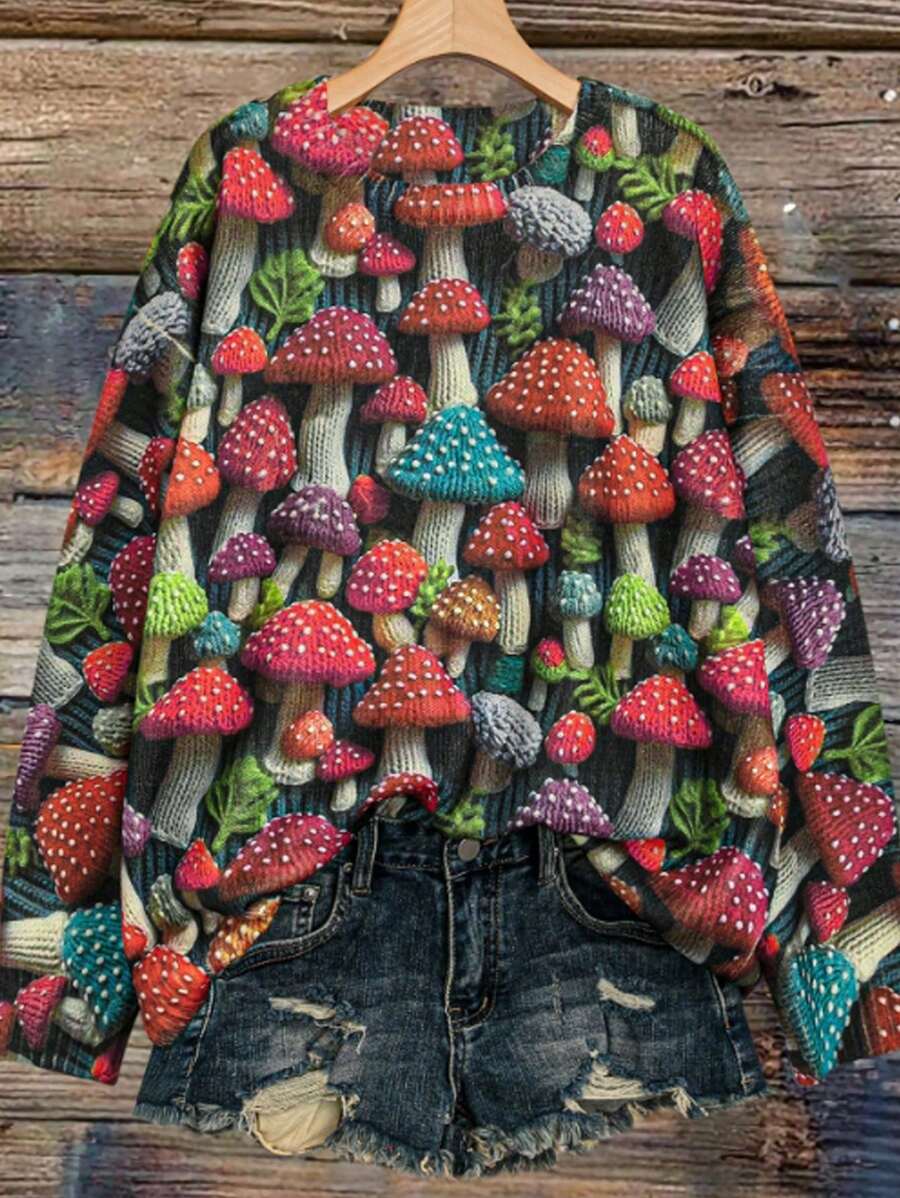 Chiquease Women 3D Mushroom Pattern Crew Neck Sweater Knit Pullover Fall Winter Outfit - Multicolor - View 1