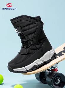 1 Pair All Black Insulated Snow Boots, Waterproof Mid-Calf, Non-Slip, For Kids Boys & Girls, Winter