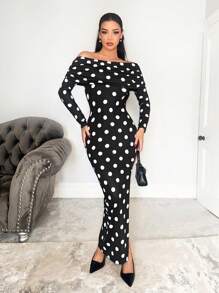 Zolique 女士露肩修身开衩波尔卡圆点印花优雅长裙 - 黑色 - 查看 1