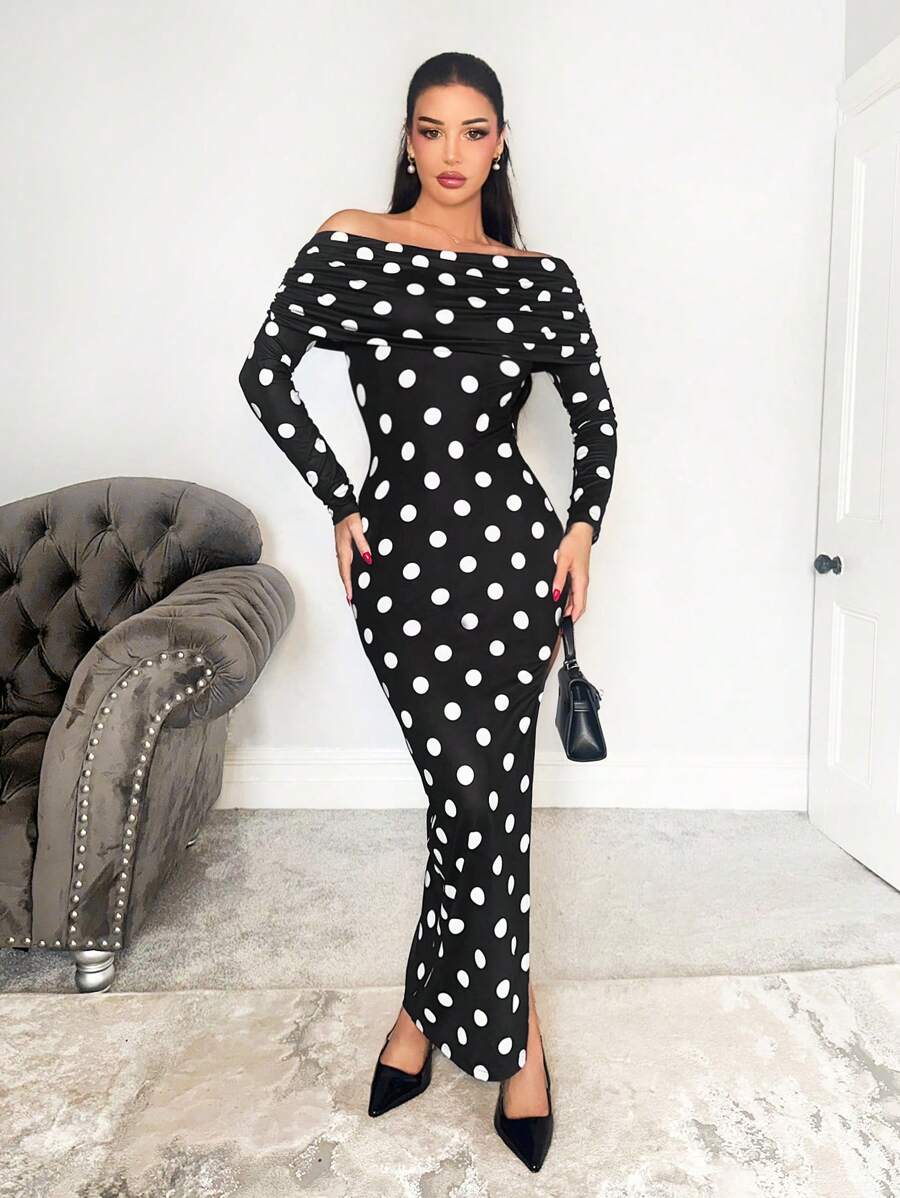 Zolique 女士露肩修身开衩波尔卡圆点印花优雅长裙 - 黑色 - 查看 1