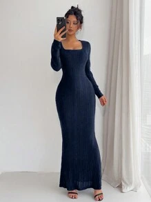 Chiquease 优雅纯色美人鱼修身长裙，秋冬长款女装 - 藏蓝色 - 查看 4