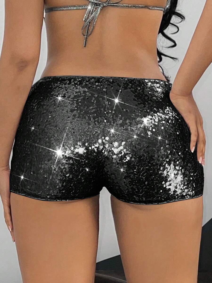 SHEIN ICON Women Y2K Music Festival Summer Low-Rise Sparkly Fashionable Party Clubwear Shorts - Black - View 1