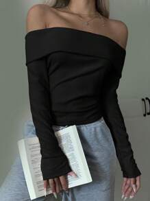 SHEIN EZwear Plus Size Women's Black Off-Shoulder Ruched Long Sleeve Fitted T-Shirt - Black - View 3
