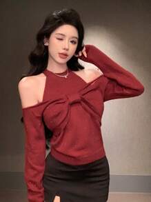 DAZY Áo len chui đầu hở vai xoắn phía trước màu đỏ mừng Giáng sinh và năm mới dành cho nữ, trang phục ngày lễ, mùa thu - Đỏ - Xem 4