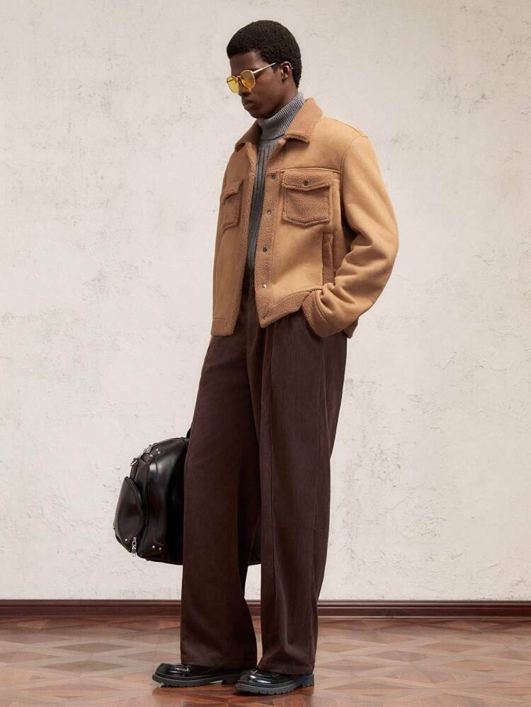 Men's Knitted Form-Fitting Stand Collar Jacket With Thermal Lined, Short Style, Camel Color, Suitable For Autumn/Winter, Daily Work, Pocket Split, Metal Buttons