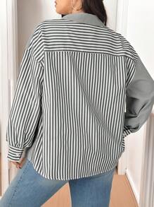 Calvaya Plus Size Women Stripe Print Casual Loose Office Blouse, Autumn/Winter Women Shirt