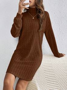 SHEIN Frenchy Solid Color High Neck Long Sleeve Textured Fabric Dress