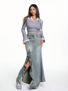 SHEIN EZwear Damen Jeans Rock mit hohem Schlitz und gerüschtem Saum, A-Linie Rock, Halloween Kleidung, Kreuzfahrt Damen Outfits, Halloween Kleidung, Halloween Damen Röcke, Business Lässig Damen, Homecoming kurzer Rock, Herbst Röcke, Winterkleidung für Damen, Cottage Core, Rüsche Röcke, Renaissance, Herbst Damen Röcke, asymmetrische Röcke, Blau - Dunkle Waschung - Übersicht 6