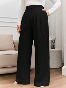 EURMUSE 大码女式高腰宽松裤，带蝴蝶结褶皱和纽扣细节 - 黑色 - 查看 4