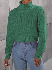 SHEIN Unity Áo len nữ dáng rộng, cổ cao, vai rớt, màu trơn, thích hợp mặc mùa thu/đông. - màu xanh lá - Xem 4