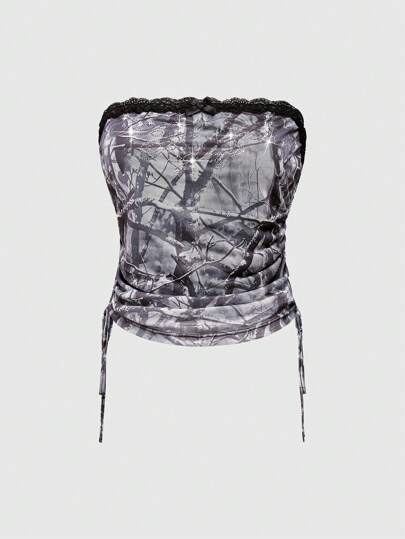 Grunge Punk Y2K Retro Hip Hop Baddie Camouflage Mesh Rhinestones Drawstring Crop Top For Women