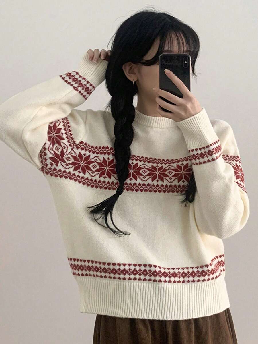 DAZY Women's Color Block Snowflake Christmas Sweater ,Holiday,Fall Clothes - Apricot - View 1