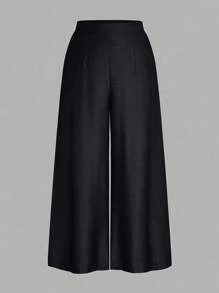 Rometta Quần ống rộng cạp cao thường ngày rộng rãi cho nữ cỡ lớn, màu trơn - Màu xám đen - Xem 5