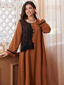Al Najma Plus Size Women Casual Lace Patchwork Long Sleeve Loose Fit Dress, Regular For Spring/Autumn, Elegant Modest Tunic Arabian Dresses, For Casual Daily - Coffee Brown - View 5