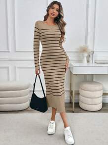 SHEIN LUNE 1pc Women Colorblock Striped Bodycon Long Sweater Dress - Multicolor - View 5