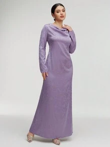 Veilorie Ladies' Elegant Floral Jacquard Long Sleeve Long Dress With V-Neck For Spring/Summer Modest - Dusty Purple - View 4