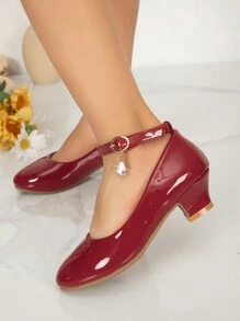 New Round Toe Kids Girls Rhinestone Decor High Heel Princess Shoes, Comfortable & Adorable Glossy Pumps - Red - View 5