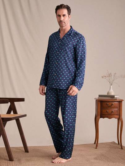 EverLounge 2pcs Men Casual Comfortable Fully Allover Print Front Button Top And Pants Sleepwear Set For Autumn