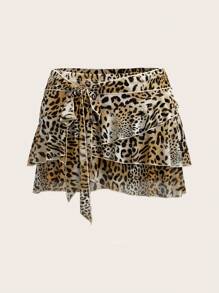 SHEIN ICON Minifalda de malla con estampado de leopardo, volante con bajo y cintura baja