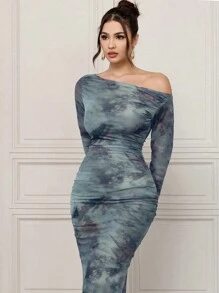 Modelyn Modisches batikfarbenes asymmetrisches Maxikleid mit gerafftem Kragen und Fischschwanzrock, Abendkleid für Frauen - Blau - Übersicht 6