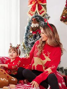 SHEIN Gingerbread Man & Snowflake Pattern Sweater, Suitable For Christmas, Valentine's Day, Family And Couple Parties,In Fall/Winter - Red - View 3