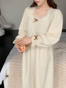 DAZY Textured Fabric Lace Patchwork Square Collar Ruffle Hem Nightgown Pajama, For Fall, Winter, Moo Moo Night Dress - Beige - View 6