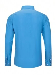 Manfinity Mode Men's Front Button Long Sleeve Shirt Collar Minimalist Top, Casual Everyday Wear, For Fall - Blue - View 2