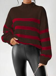 SHEIN Unity Women Casual Colorblock Striped Pattern Loose Fit Turtleneck Pullover Sweater, Autumn/Winter Knit Pullover Fall - Brown - View 3