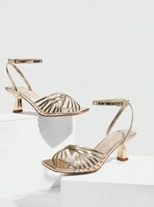 CUCCOO SZL Women's Square Toe Low Heel Gold Strap Sexy Elegant Party/Wedding Stiletto High Heel Sandals