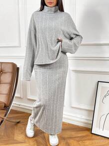 SHEIN EZwear Damski swobodny, jednolity prążkowany, wysoki kołnierz, luźny T-shirt z obniżonymi ramionami i spódnica z wysokim rozcięciem, jesień