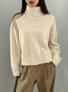 DAZY Women Casual Solid Color High Neck Dropped Shoulder Sweater, Suitable For Autumn/Winter,Fall Women Clothes - Apricot - View 2